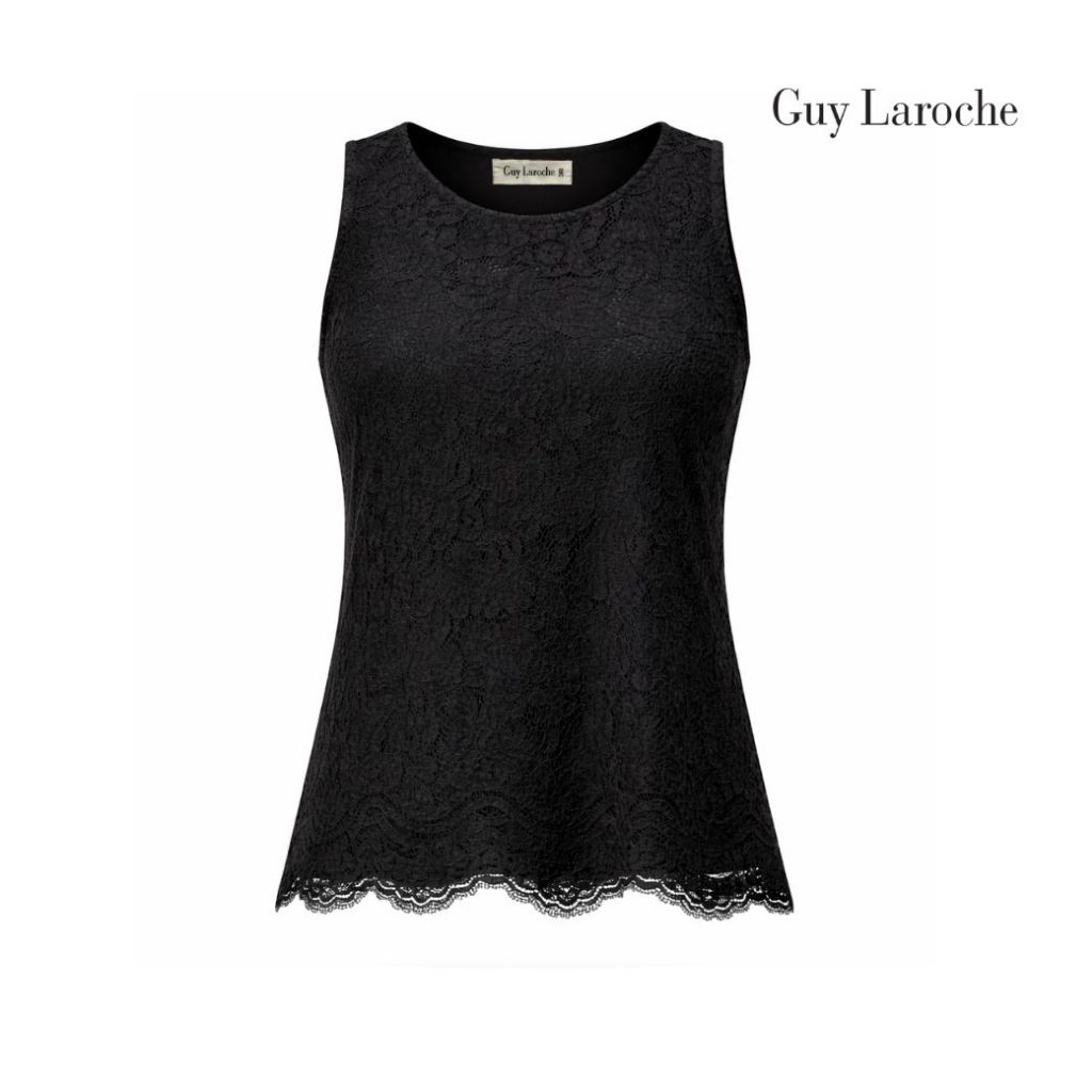 Guy Laroche Woman's Blouse Luxury lace เสื้อผู้หญิงคอกลม แขนกุด สีดำ GCAGBL