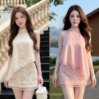 MILA เซ็ต 2 ชิ้นโทนสีครีมละมุน เสื้อคล้องคอทรงแขนกุด ผ้าทิ้ง…