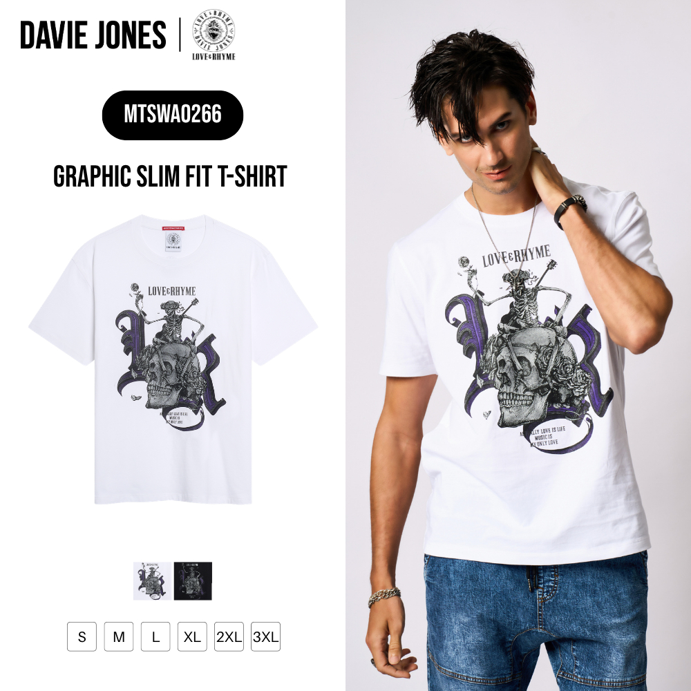 DAVIE JONES [LOVE & RHYME] เสื้อยืดผู้ชาย Graphic Slim Fit T-Shirt สีขาว ดำ WA0266