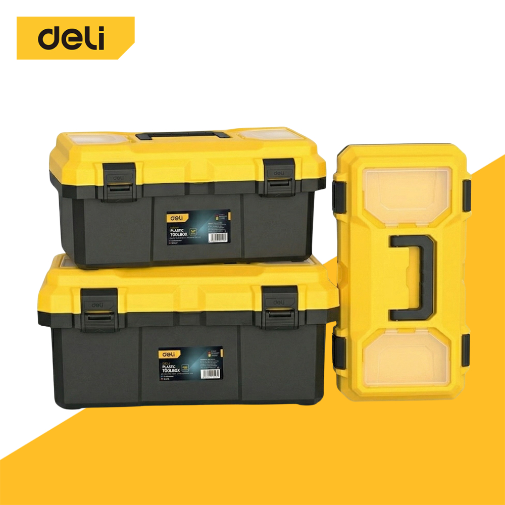 Deli กล่องเครื่องมือ กล่องใส่เครื่องมือช่าง พลาสติก เหลือง-ดำ สำหรับใส่เครื่องมือช่าง พร้อมหูหิ้ว Tool box