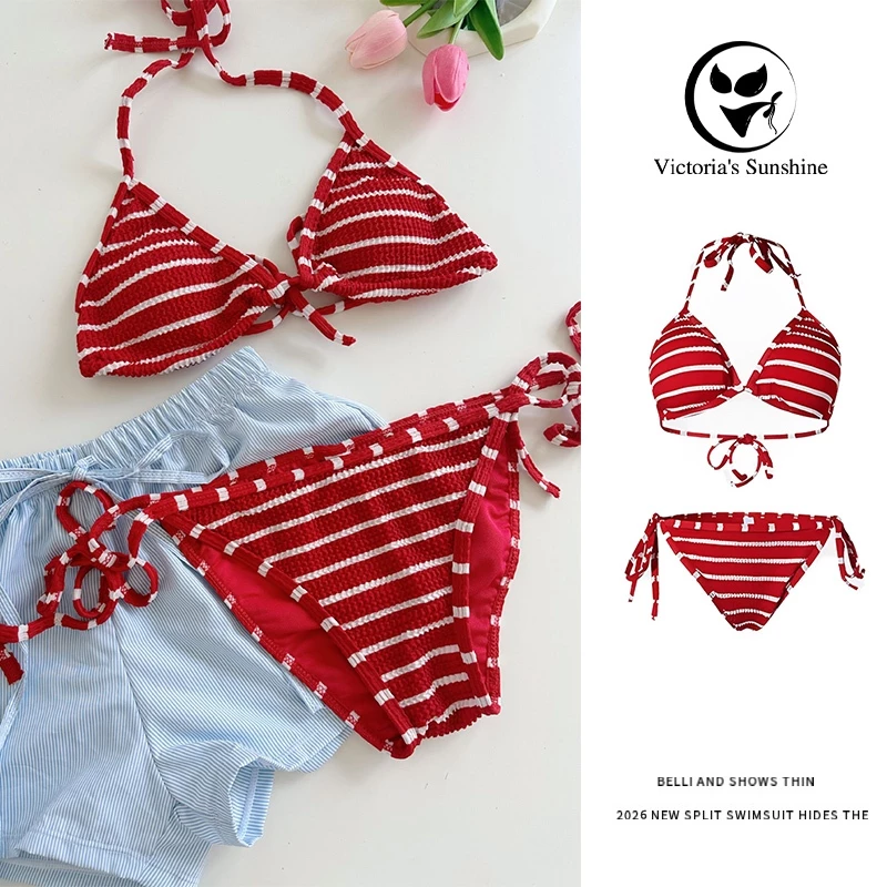 ส่งไวจากไทย sexy bikini Plaid ทูพีช ชุดว่ายน้ำบิกินี่ เว้าหลัง มีฟองน้ำ#0805