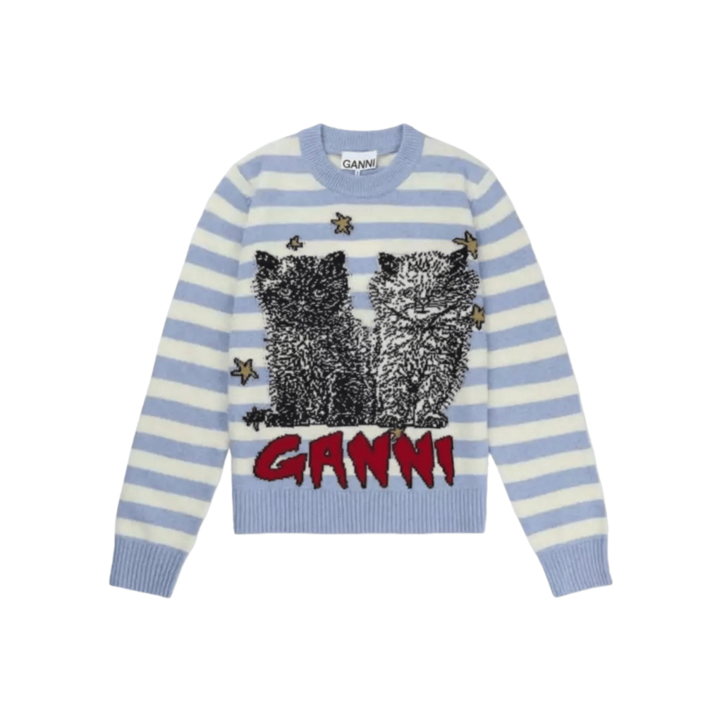 GANNI SWEATSHIRT【ของแท้ 100 %】เสื้อถัก Blue Striped Cat