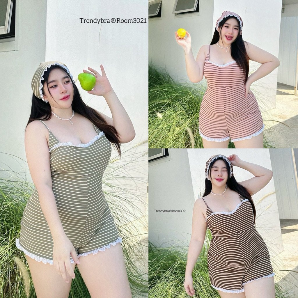 (TD) จั้มสูทสายเดี่ยว ผ้าลายริ้ว มาพร้อมผ้าโพกผม แต่งลูกไม้ น่ารักมาก แซ่บแค่ยังติดหวาน เสื้อผ้าสาวอวบอ้วน ไซส์ใหญ่