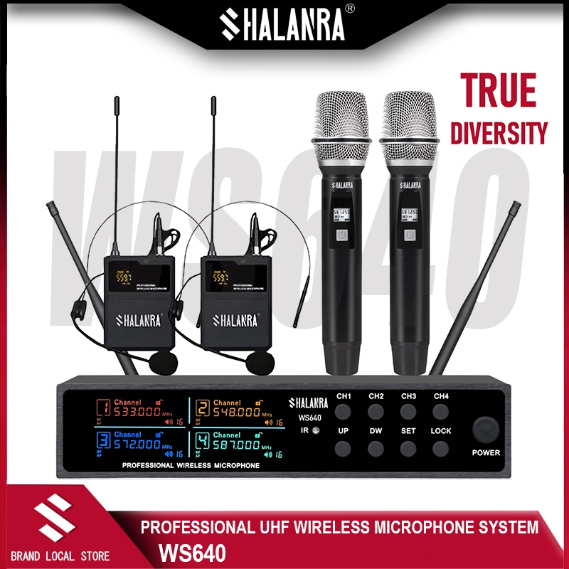 SHALANRA WS640 ชุดระบบไมค์ True Diversity UHF สำหรับงานประชุมมืออาชีพ พร้อมไมค์มือถือ/คอคล้องครบชุด