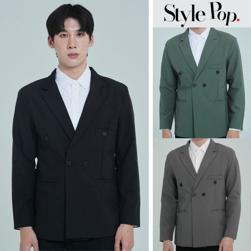 StylePop เสื้อสูทผู้ชาย Blazer เสื้อคลุม ทรงเกาหลี เสริมไหล่ มีซับใน เสื้อสูททำงาน เสื้อสูทเที่ยว รุ่นPremuim [STP75]
