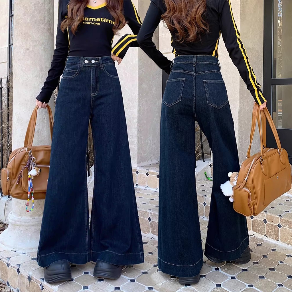 S~5XLBaggy jeans Navyblue กางเกงขายาวทรงตรงขาบานเอวสูงสีน้ำเงินเข้ม ดีไซน์แบบเรโทรสองปุ่ม กางเกงยีนส์ทรงหลวมลำลอง HOT