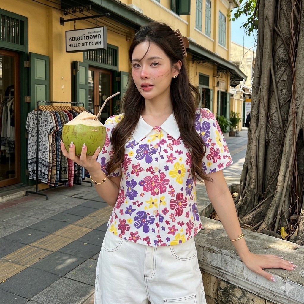 LANNA - เสื้อลายดอกคอเชิ้ต เสื้อลายดอกวันสงกรานต์ ผ้าฝ้ายพิมพ์ลายทรงสวยใส่สบาย