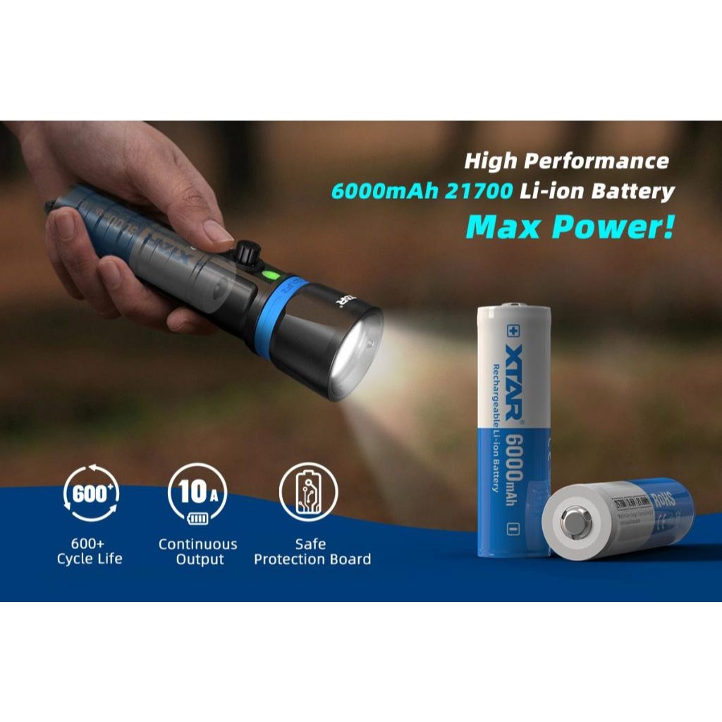 แบตเตอรี่สำหรับไฟฉาย XTAR 21700 ความจุ 6000mAh 10A Max  ของแท้จากตัวแทน คุณภาพสูง เต็มความจุ ปลอดภัย