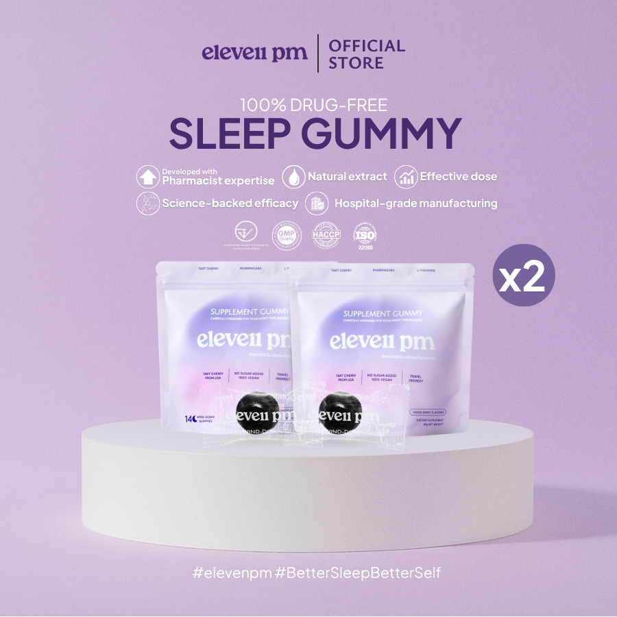 eleven pm (2 ซอง) Premium Sleep Gummies ไนท์กัมมี่กลิ่นมิกซ์เบอร์รี่ บำรุงสมอง ผ่อนคลาย ลดความเครียด ช่วยนอนหลับ กาบา