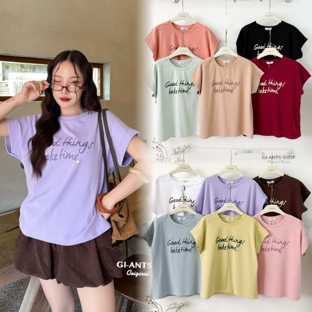 GI-ANT(GI-443)เสื้อยืดคอกลม oversize ต่อบ่า สกรีนGood things แต่งอะไหล่โบว์ สุดน่ารัก