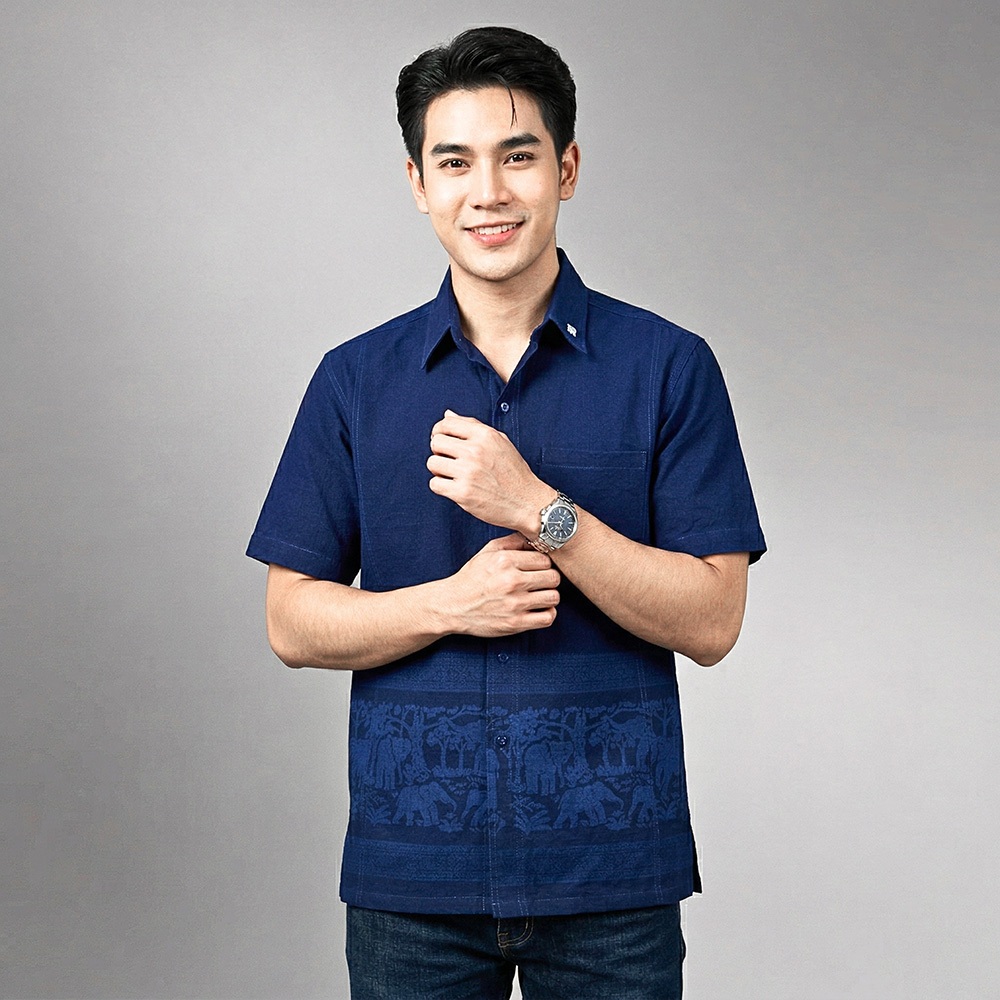 SR-SH08M เสื้อม่อฮ่อม เชิ๊ตชาย กัดลายช้างป่า มี 3 กระเป๋า