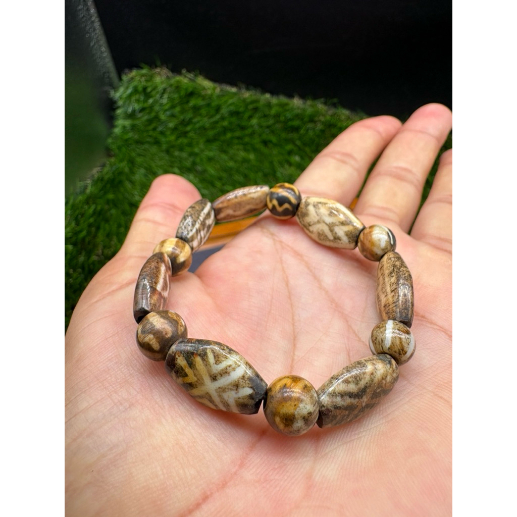 Burma Pumtek Beads Bracelet – Antique Style Ethnic Gemstone Bracelet | Brown Pattern Beads Stretch B