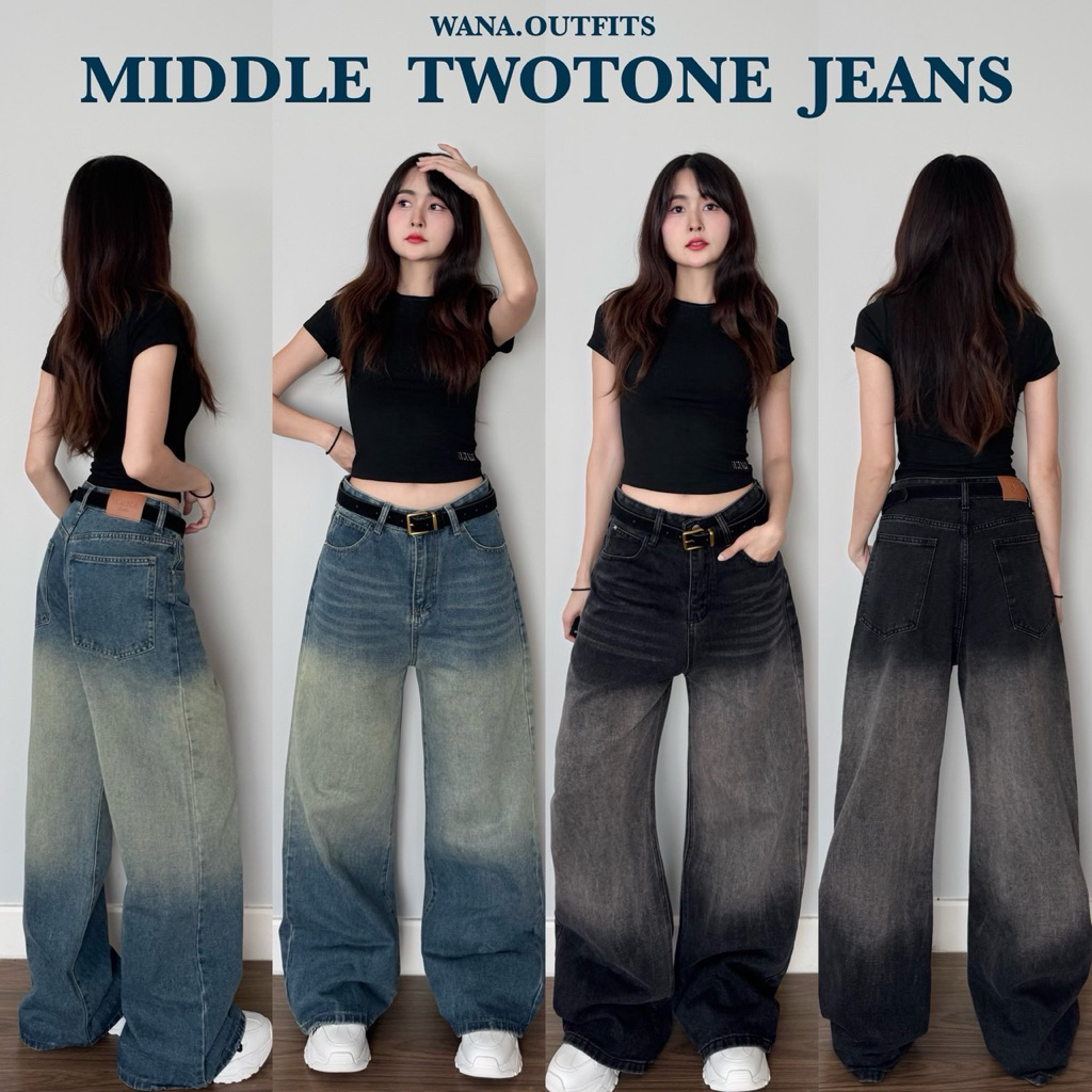 Wana.Outfits - Middle Twotone Jeans กางเกงยีนส์ขากระบอกแต่งทูกโทน