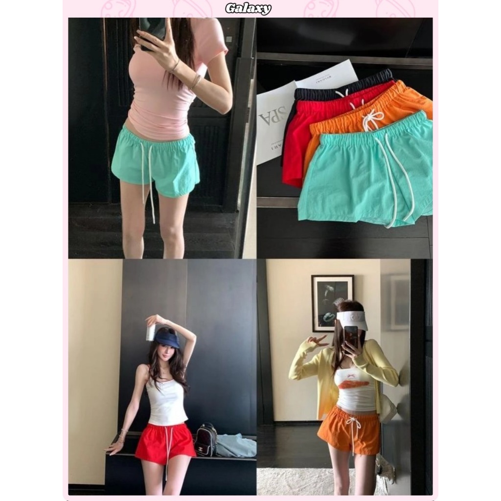 กางเกงขาสั้น กางเกงกีฬาขาสั้น สีทึบ เชือกปรับได้ ผ้ายืดได้ สไตล์ลำลอง เเมทช์ง่าย #010217
