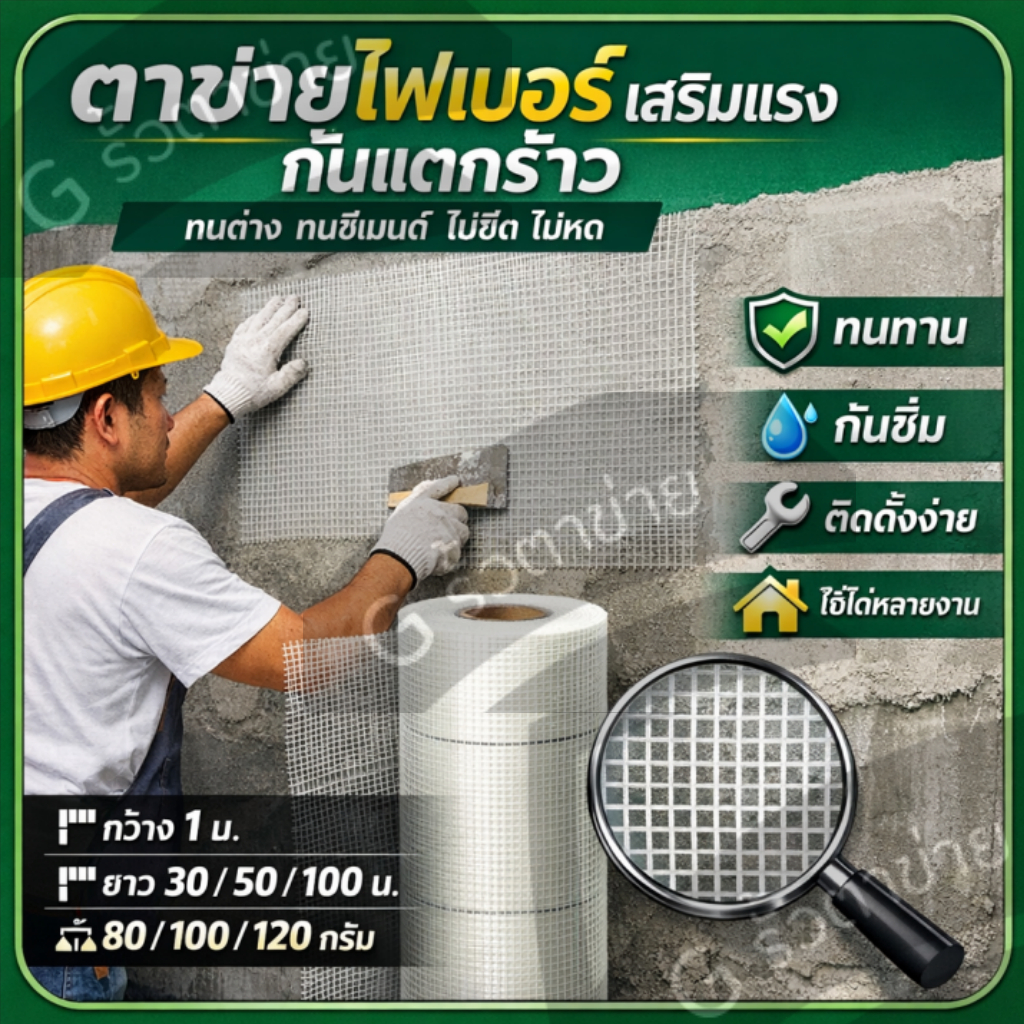 ตาข่ายไฟเบอร์กลาส 80-120กรัม/ตร.ม. กว้าง1ม. ยาว30-100ม. ใช้เสริมฉาบปูนและโฟมกันความร้อน ทนด่าง
