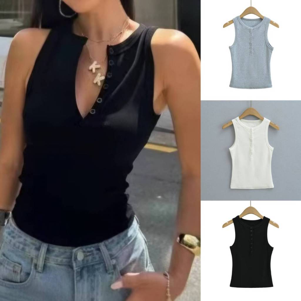 SPND【พร้อมส่ง】เสื้อกล้ามแขนกุดคอกลม กระดุมหน้า ผ้ายืดนิ่มแมทซ์ง่ายทุกลุค มี3สี (4277)