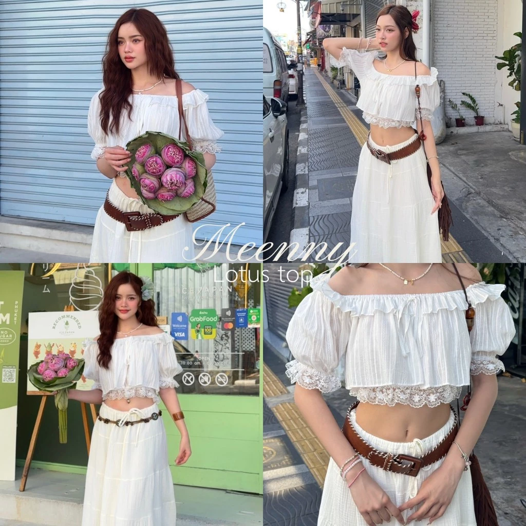 Meenny Closet | LN01 (มีSize) เสื้อปาดไหล่ลุคคุณหนูเเต่งลูกไม้