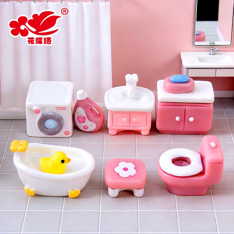 b012เฟอร์นิเจอร์ห้องน้ำสีชมพูของจิ๋วของเล่นเซ็ตละ 9 ชิ้น