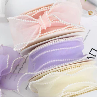 ริบบิ้นผ้าโปร่งขอบมุก กว้าง 4cm ยาว5 หลา ริบบิ้นขอบมุก ริบบิ้นตกแต่งเค้ก DIY ริบบิ้นตกแต่งดอกไม้