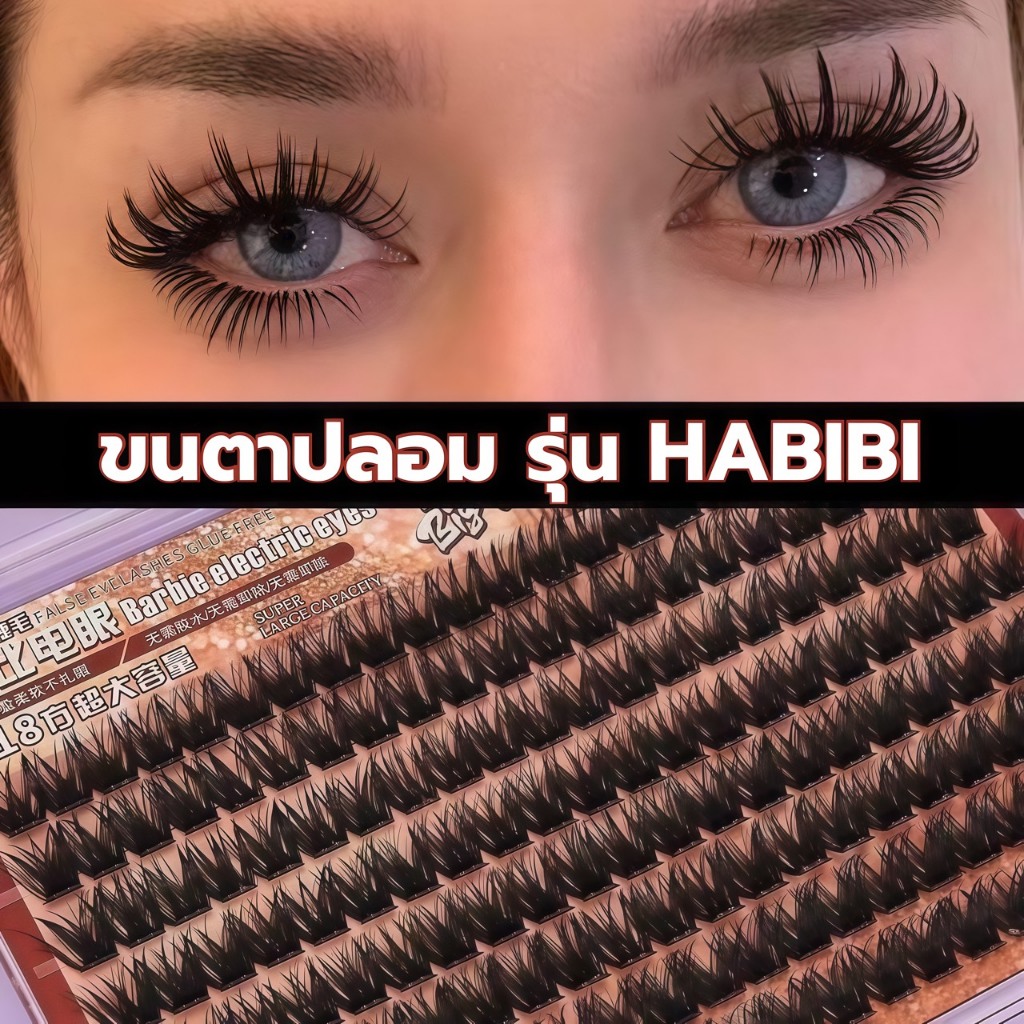 ขนตาปลอมมีแถบกาวในตัว รุ่น HABIBI ขนตา 3D สไตล์สายฝอ ยาว 16mm ใส่ได้นาน 12H ไม่มีตก ติดแน่น สบายตา แถบกาวพรีเมี่ยมในตัว