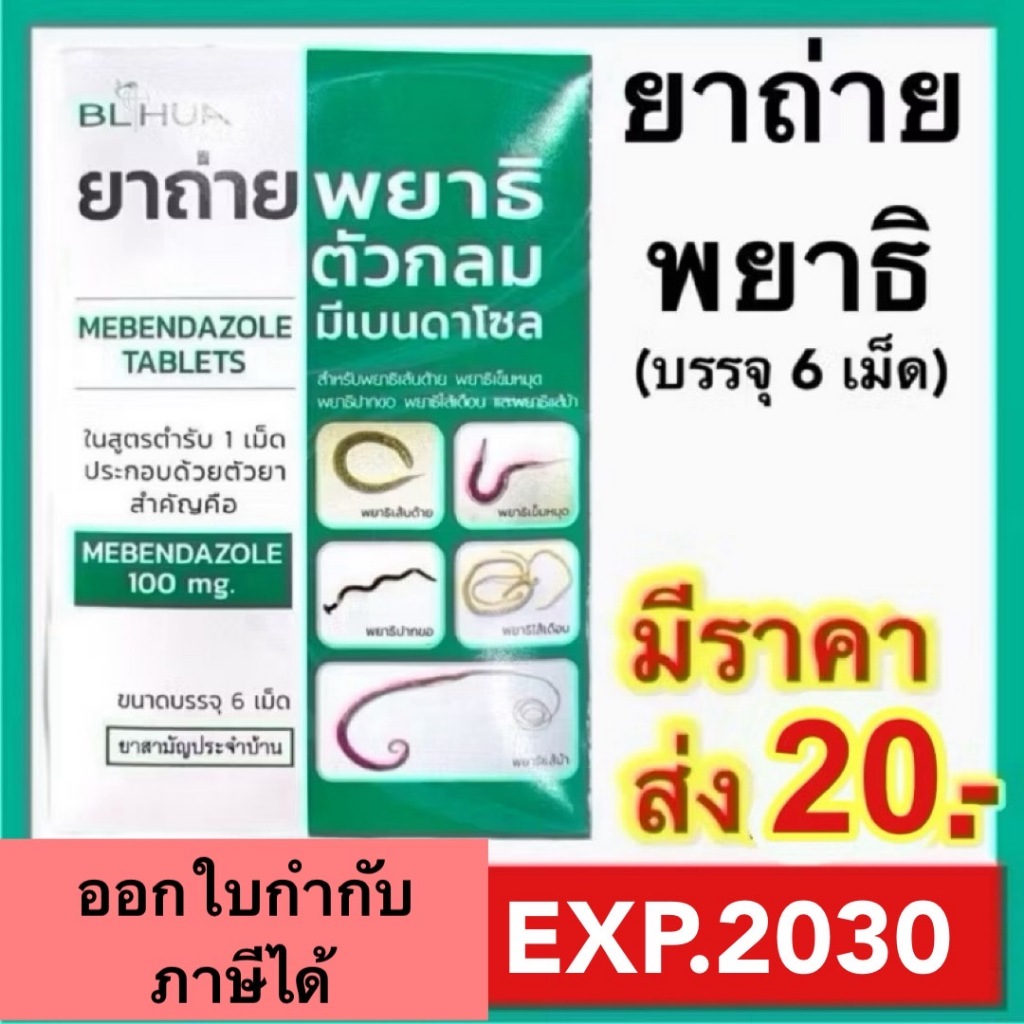 ยาถ่าย พยาธิ มีเบนดาโซล จำนวน 6 เม็ด Mebendazole