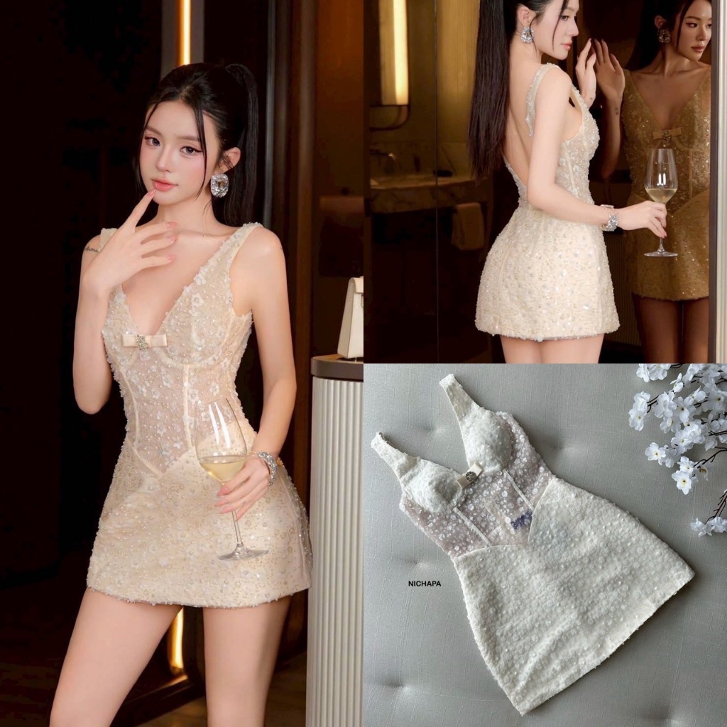 NICHAPA มินิเดรสสีครีม Luxury Glam