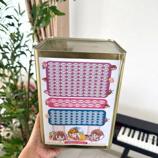กระปุกออมสินปี๊บ 23 CM ตารางออม 2 แผ่น สติกเกอร์ ปากกา ซองกันชื้น