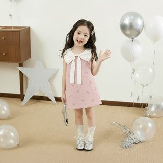 1-9 ปี ชุดเดรสสีชมพูสำหรับเด็ก สำหรับเด็กผู้หญิง แขนกุด เนื้…