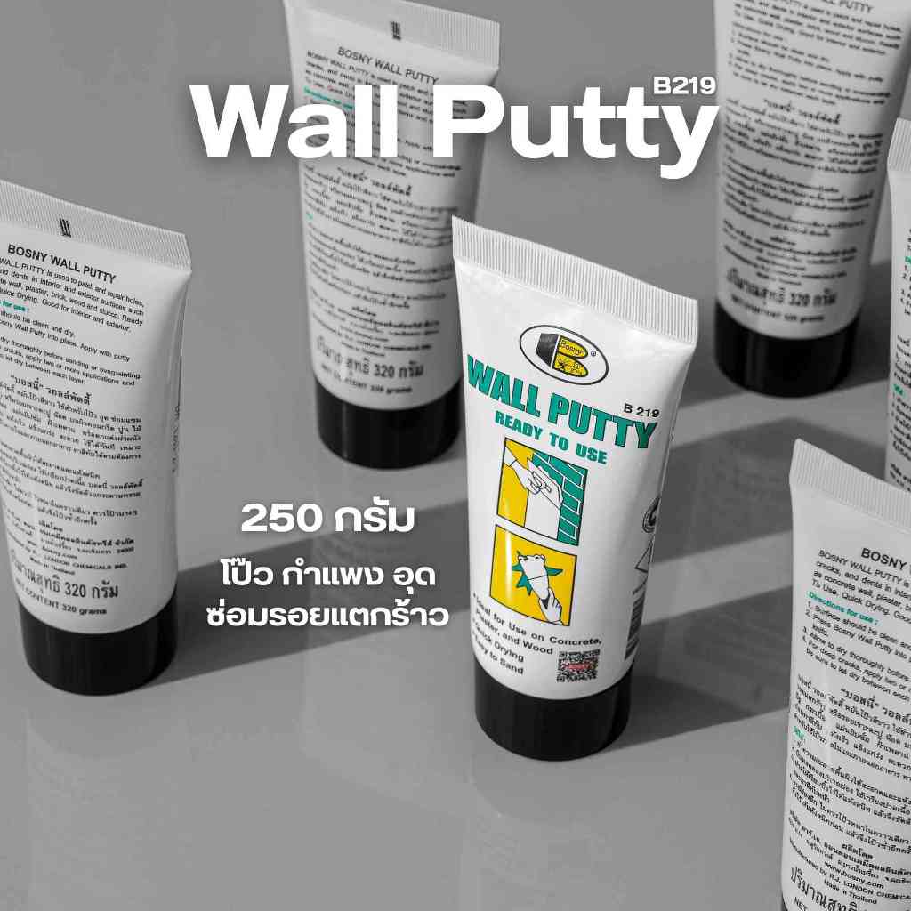 วอลพัตตี้ สีโป๊ว กำแพง อุด ซ่อมรอยแตกร้าว สีโป๊วผนัง เคมีโป๊ว BOSNY B219 Wall Putty ขนาด 320 กรัม (หลอด)