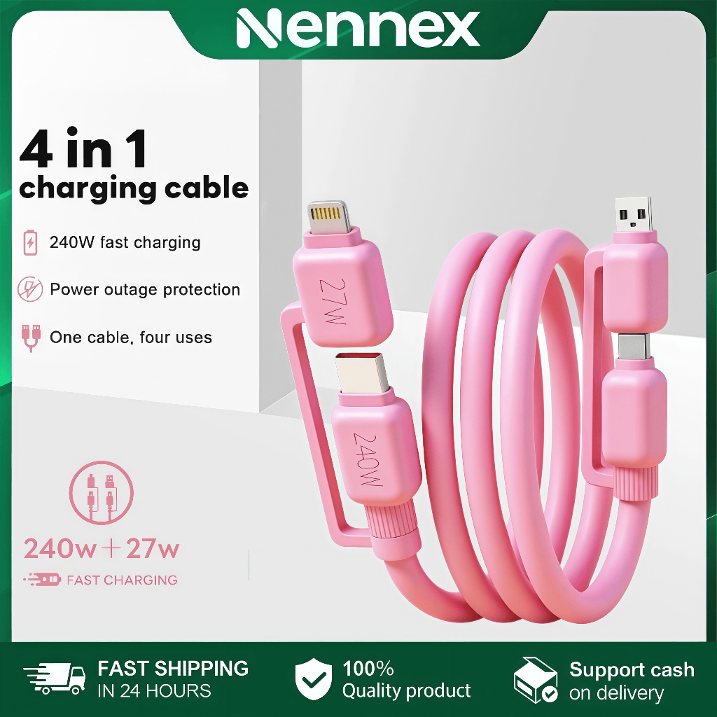 สายชาร์จเร็ว 4 in 1 1.5M 240W 27W รองรับ USB-A to Type-C/Li-gh-tn-ing สำหรับการใช้งานที่ต่อเนื่องยาว