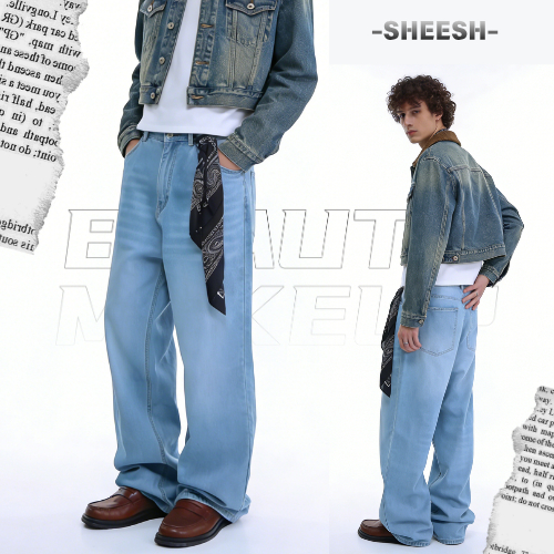 SHEESHกางเกงยีนส์ผู้ชาย สไตล์เกาหลี กางเกง baggy jeans s-3xl  แฟชั่นทรงหลวม ขากระบอกใหญ่ ทรงตรงผู้ชาย-ผู้หญ