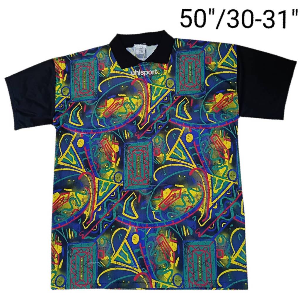 เสื้อวินเทจรุ่น Uhlsport Crazy Multicolor Goalkeeper Jersey จากยุค 90 มือสอง ป้ายคอไซส์ XL วัดหน้าผ้