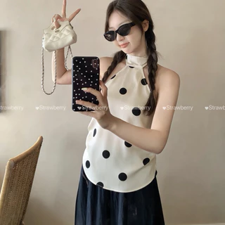 STR พร้อมส่ง💗🍦เสื้อครอปคอเต่าแขนกุด ลายจุด ผ้าสาติน สีพื้น มีสายผูกด้านหลัง ทรงปล่อยสวม แมทซ์ง่าย เซ็กซี่แฟชั่นผู้หญิง