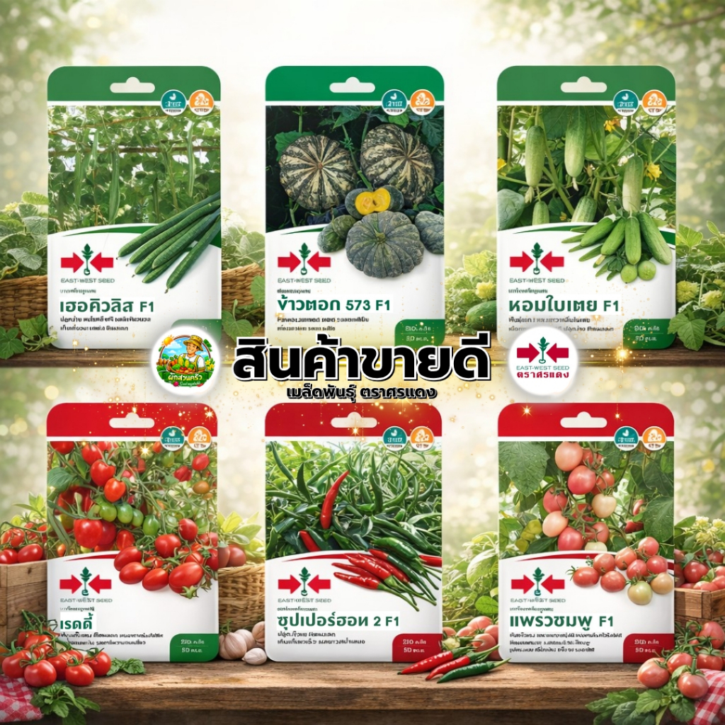 รวมผักศรแดงF1 (ศรแดงชุดที่ 2) ผักซอง มีให้เลือก 29 ชนิด ฟักทอง กะเพรา พริก ผักชี ข้าวโพด มะละกอ