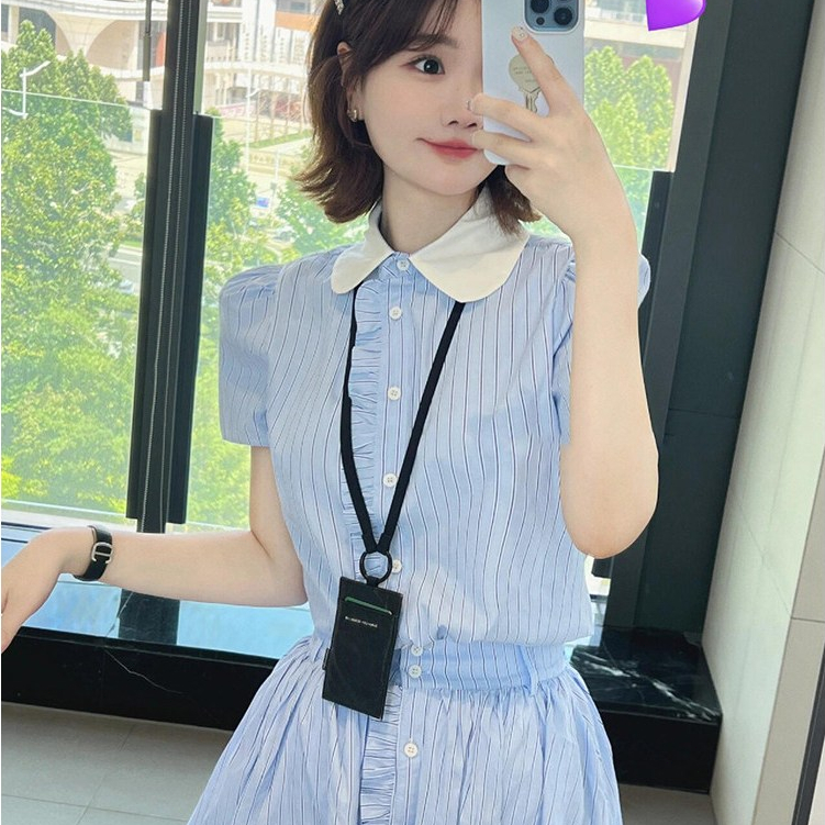 พร้อมส่ง/เสื้อเชิ้ตแขนยาวลายข้างหูสีฟ้าผู้หญิงตัวเล็ก 2026 ฤดูร้อนคนตัวเล็กตัวน้อยเพิ่มขึ้นเอวสองชุด