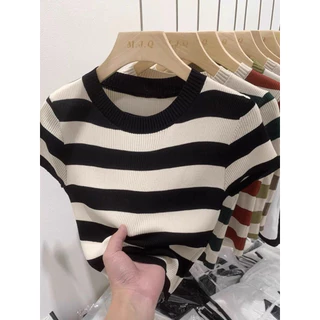 เสื้อยืดลายทางผู้หญิง/แขนสั้นรอบคอ ดูผอมลงเสื้อยืด นุ่มมาก ใส่สบาย เสื้อครอบสไตล์เกาหลี13120