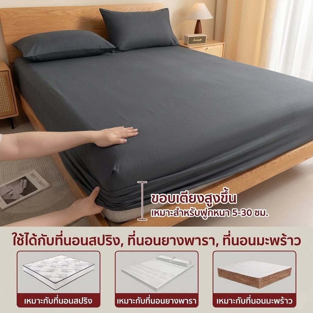 INFUN ผ้าปูที่นอนกันไรฝุ่น สีพื้น 3ฟุต 3.5ฟุต 5ฟุต 6ฟุต สูง10นิ้ว thumbnail 4