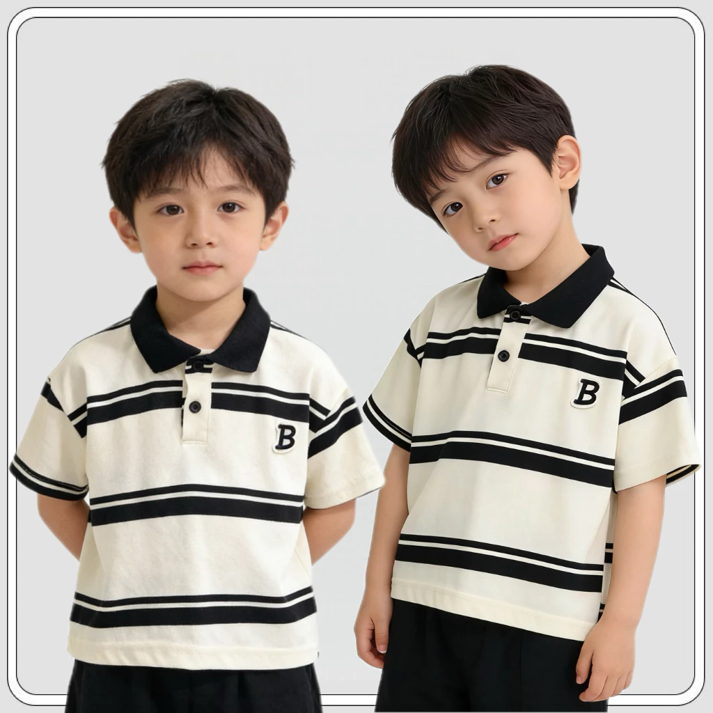 MC213 เสื้อโปโลเด็ก สีดำขาว สไตล์เกาหลี หล่อเท่ ใส่ออกงานได้