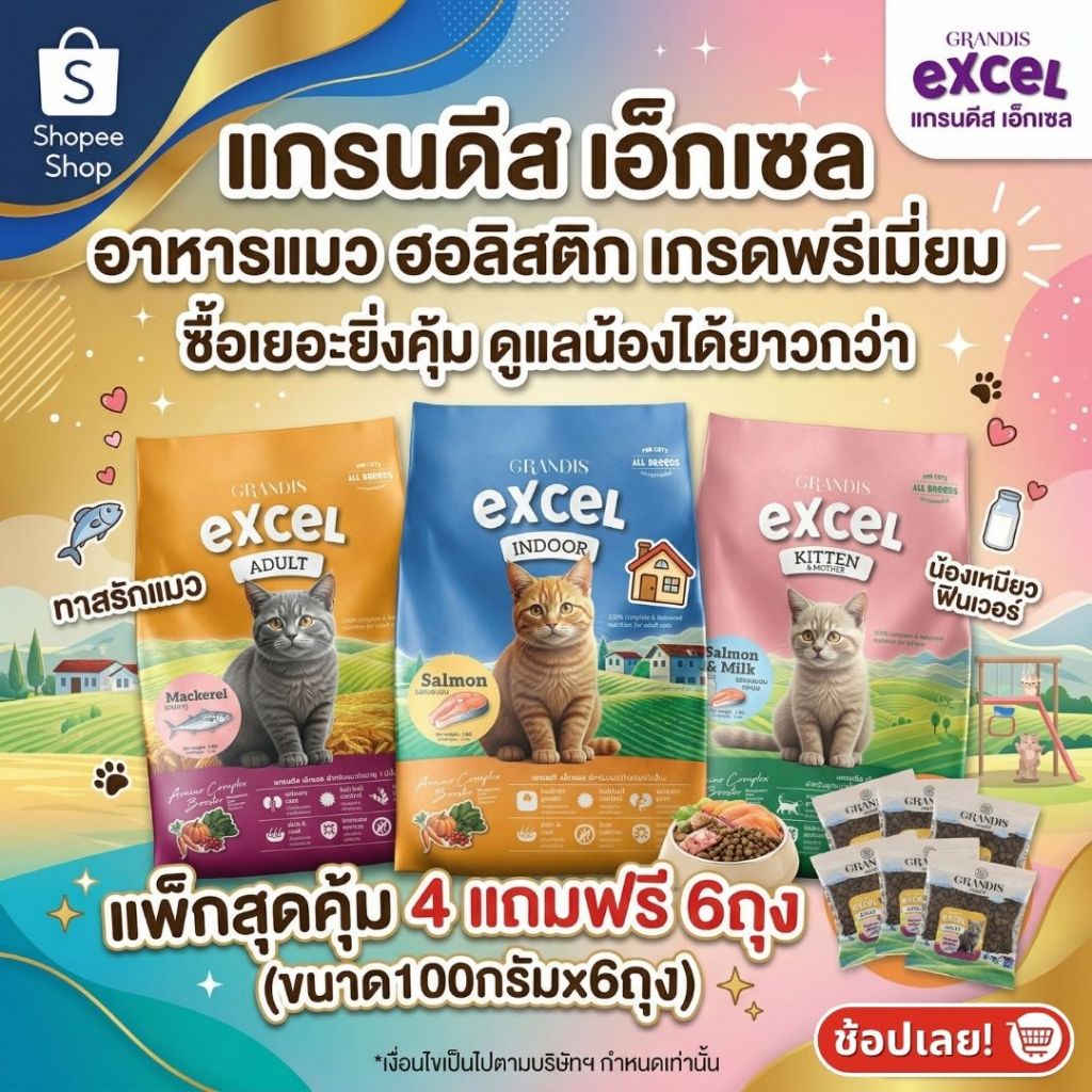 [แพ็กสุดคุ้ม 4kg แถม100ก.x6]  อาหารแมว แกรนดีส เอ็กเซล ฮอลิสติก สูตรลูกแมว/แมวโต/แมวเลี้ยงในบ้าน