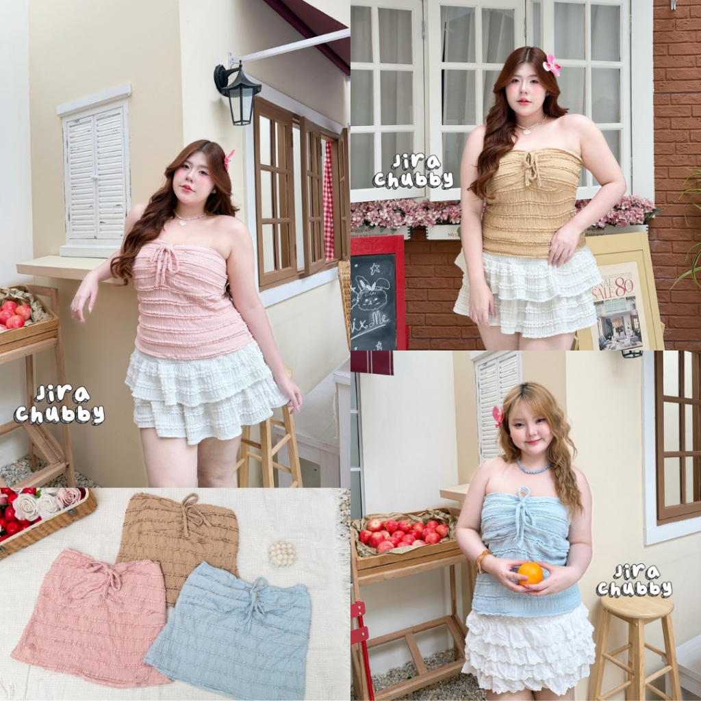 Softie Bow - เสื้อเกาะอกสม็อกหลัง แต่งโบว์สุดคิ้วท์ อกฟรีไซส์ 40-52 นิ้ว เสื้อสาวอวบ เสื้อไซส์ใหญ่