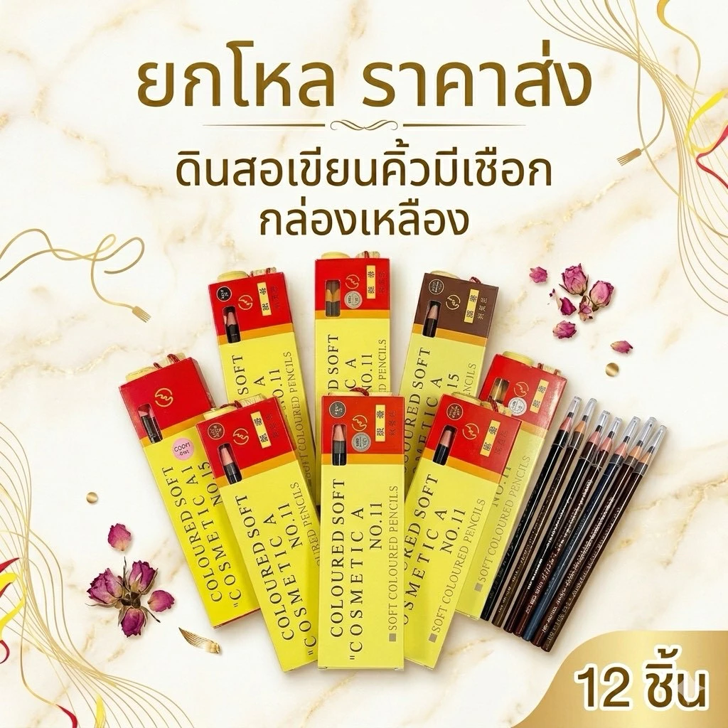 ดินสอเขียนคิ้วมีเชือกไม่ต้องใช้กบเหลา 12 ชิ้น