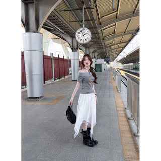 WENDY — Ronnie Off-shoulder top ₊˚⊹ ᰔ เสื้อปาดไหล่ลายทาง