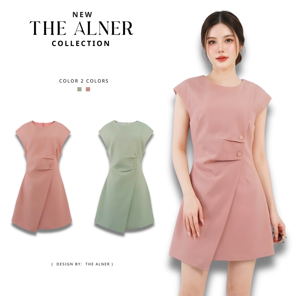 Thealner-AN233 (เดรสแขนล้ำกระดุมเฉียง)