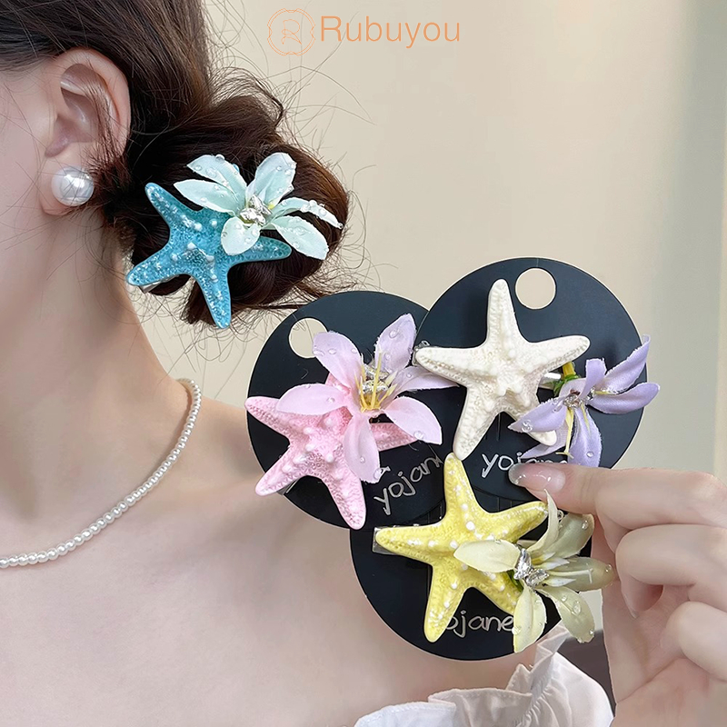 Rubuyou ﻿กิ๊บติดผม ปลาดาว ดอกไม้ หน้าม้า คลิปด้านข้าง วันหยุดพักผ่อน  สไตล์เกาหลี รูปปากเป็ด เน็ตติดผม สำหรับผู้หญิง-COD