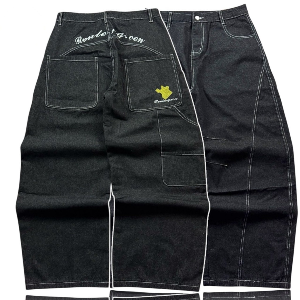 กางเกง baggy jeans ผ้ายีนส์สีดำปักลาย งานใหม่ เอว 34 นิ้ว