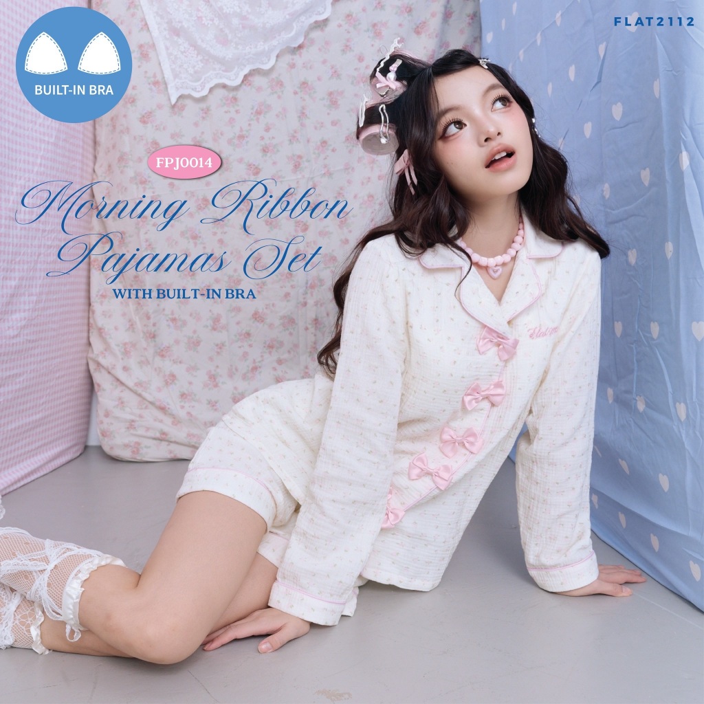 FLAT2112 : MORNING RIBBON PAJAMAS SET WITH BUILT-IN BRA ชุดนอนเซตเนื้อผ้านุ่มฟู ชุดนอนเซตลุคผู้ดี ฟีลเจ้าหญิง(FPJ0014)
