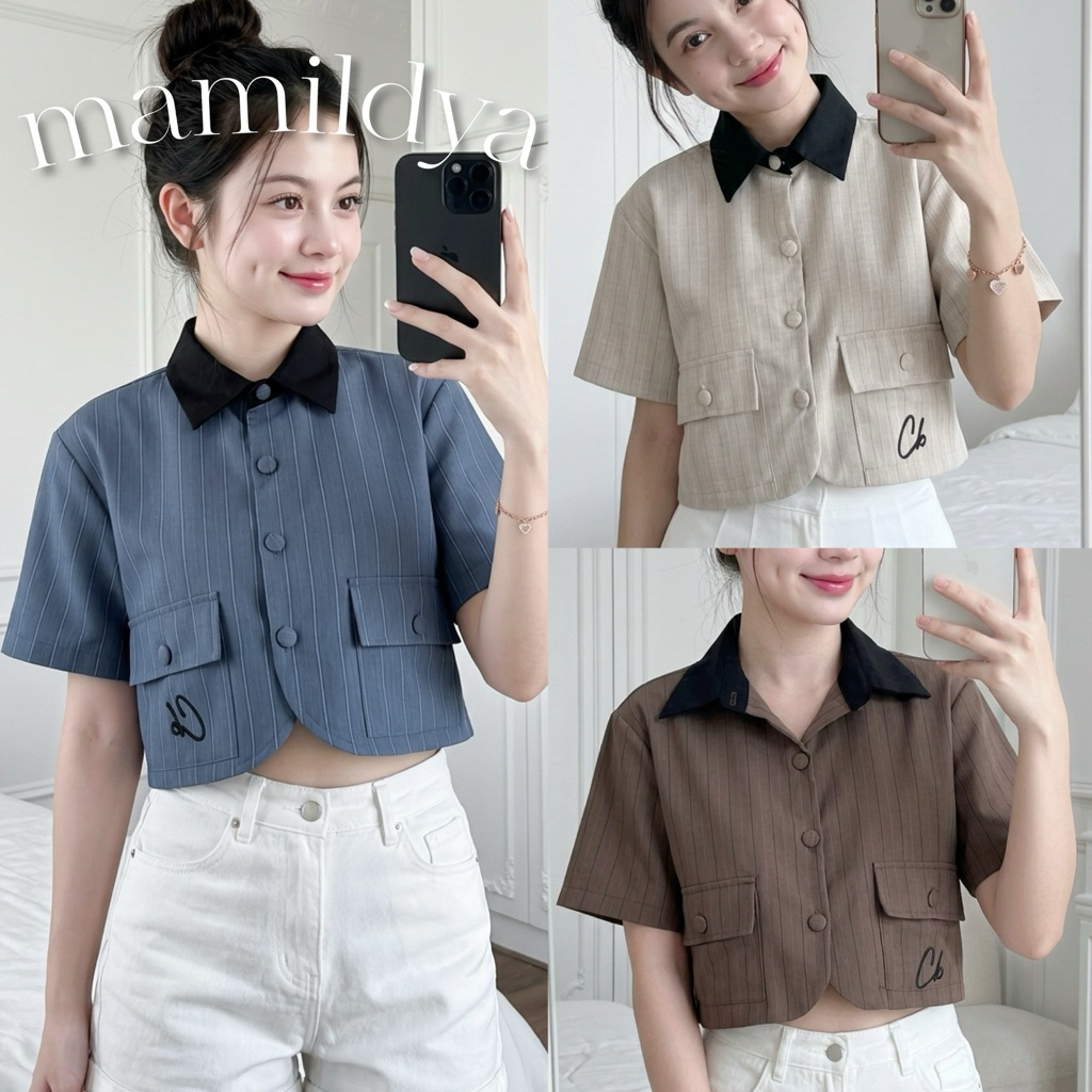 🌟Mamildya.shop🌟 เสื้อเชิ้ตแขนสั้น ผ้าเนื้อหนา สโนว์ลายริ้ว ตัดปกสีดำ/ H2-4/COOK-ปกดำสั้น