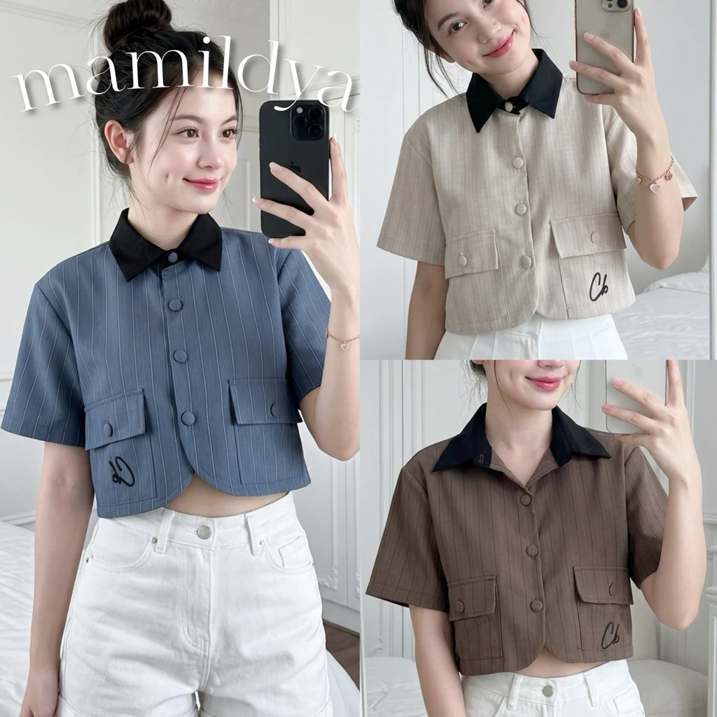 🌟Mamildya.shop🌟 เสื้อเชิ้ตแขนสั้น ผ้าเนื้อหนา สโนว์ลายริ้ว ตัดปกสีดำ/ H2-4/COOK-ปกดำสั้น