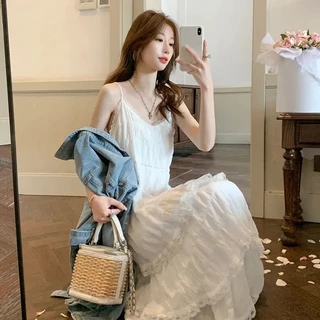【พร้อมส่งโกดังไทย】 🌈ชุดเดรสยาวสายเดี่ยวผ้าบางเบา ลายรอยย่น ลูกไม้ขอบ สไตล์วินเทจ
