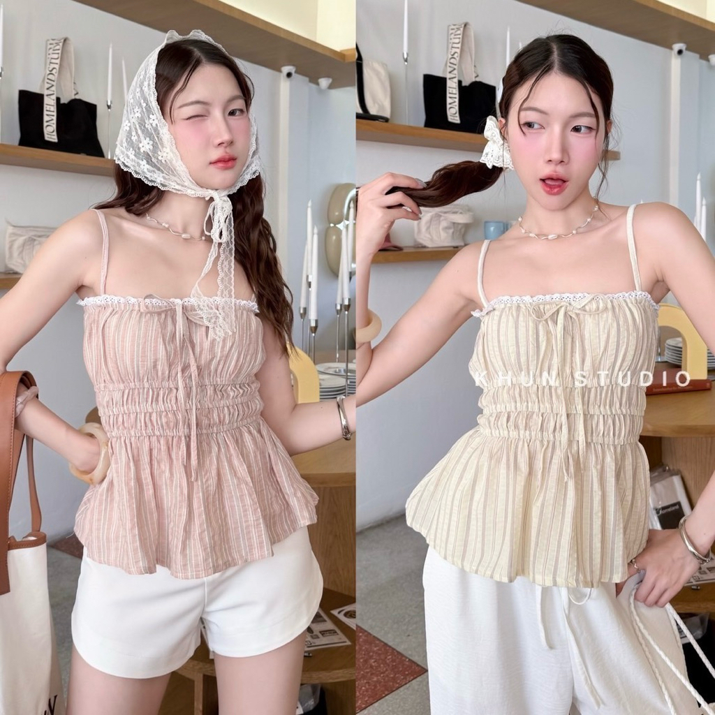 🩵 Mira Top เสื้อสายเดี่ยวสม็อครอบเอวลายริ้ว งานแต่งขอบลูกไม้ มีเชือกผูกโบว์ด้านหน้า